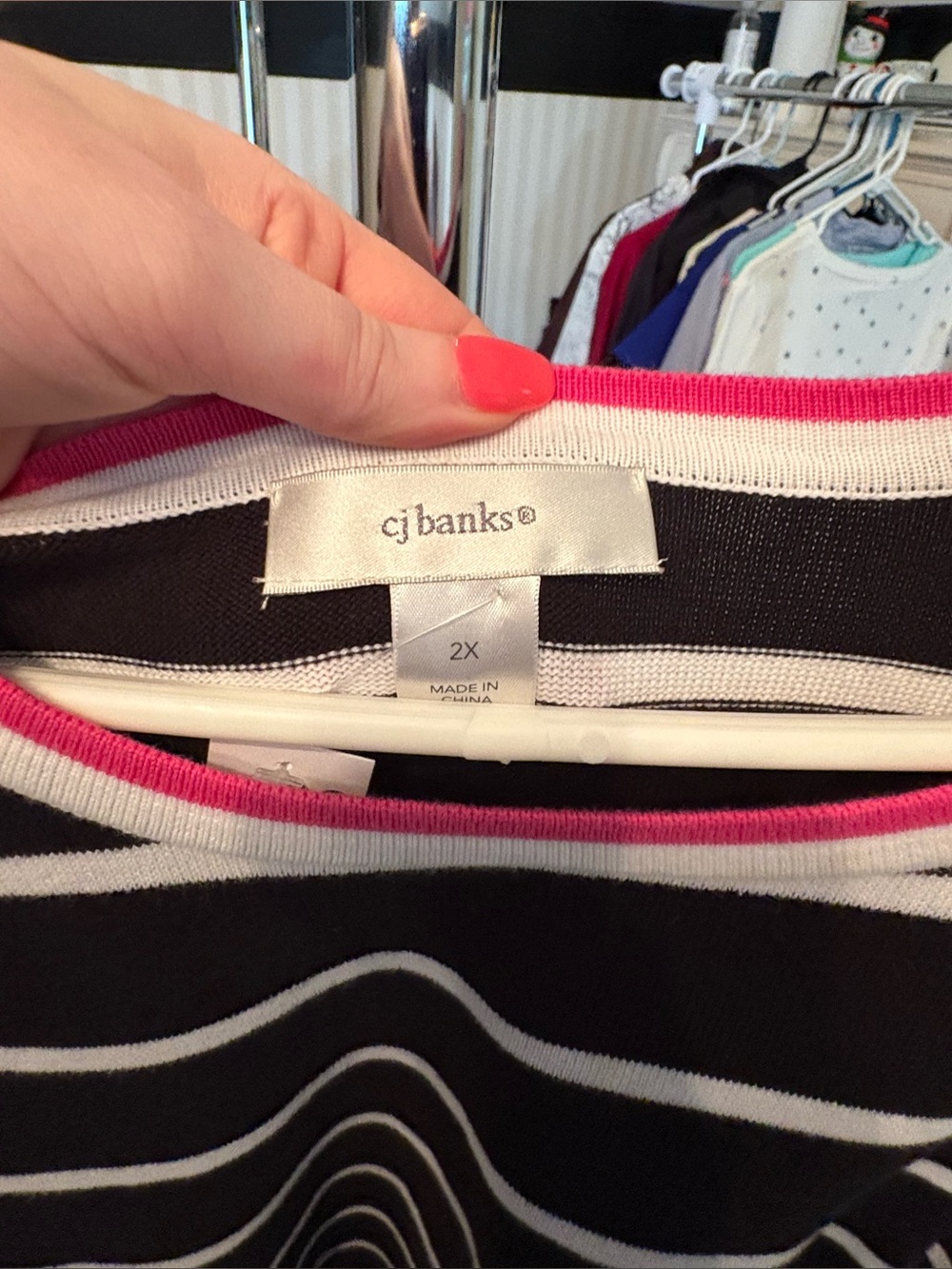 CJ Banks Black and White Striped Top with Pink Trim - Picture 5 of 5